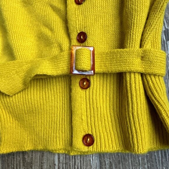 Vtg Sears Cardigan Sweater Girls 6x Yellow Sleeveless 70s Belted Mustard Button - Picture 2 of 5